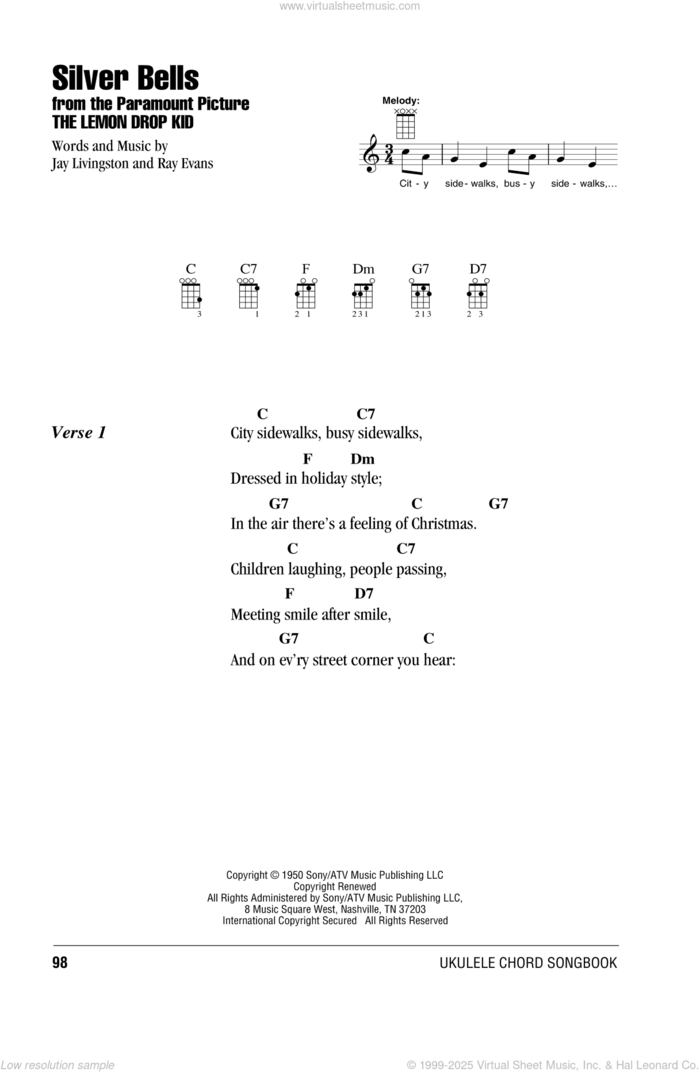 Silver Bells sheet music for ukulele (chords) by Ray Evans and Jay Livingston, intermediate skill level