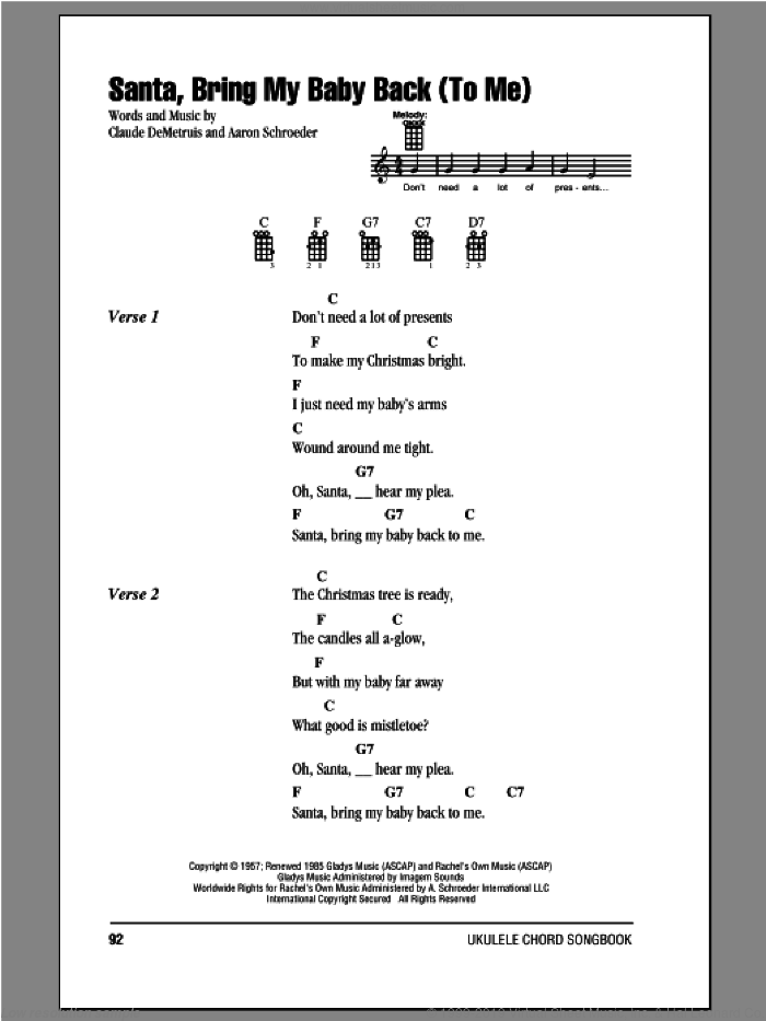 Santa, Bring My Baby Back (To Me) sheet music for ukulele (chords) by Elvis Presley, Aaron Schroeder and Claude DeMetruis, intermediate skill level