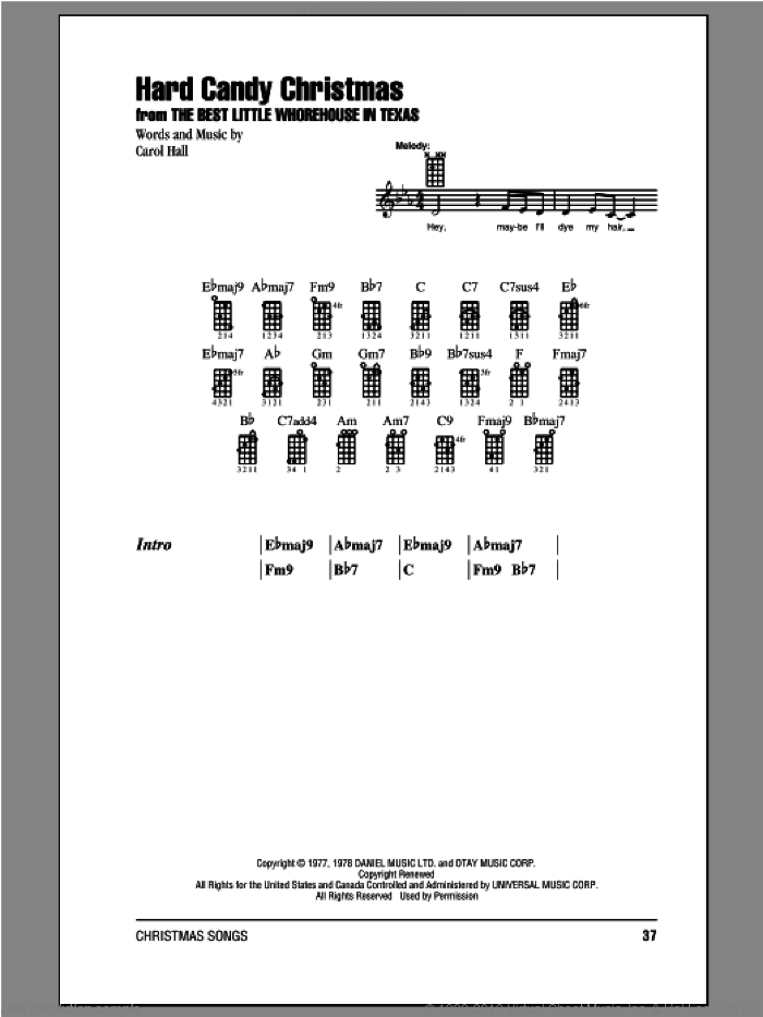 Hard Candy Christmas sheet music for ukulele (chords) by Carol Hall and Dolly Parton, intermediate skill level