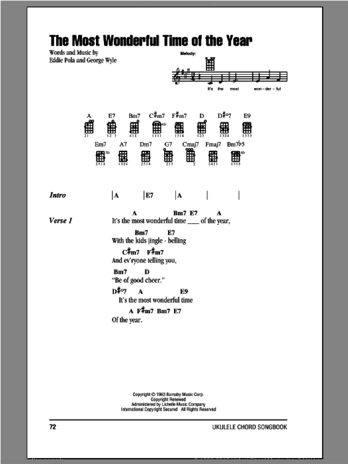The Most Wonderful Time Of The Year sheet music for ukulele (chords) by George Wyle and Eddie Pola, intermediate skill level