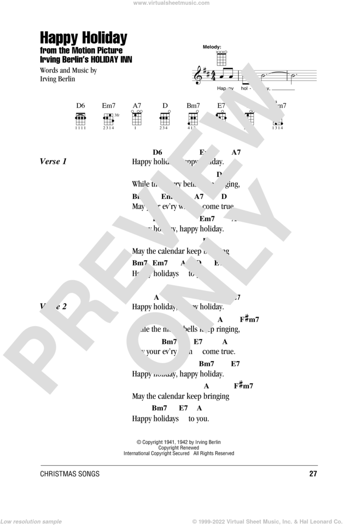 Happy Holiday sheet music for ukulele (chords) by Irving Berlin, intermediate skill level