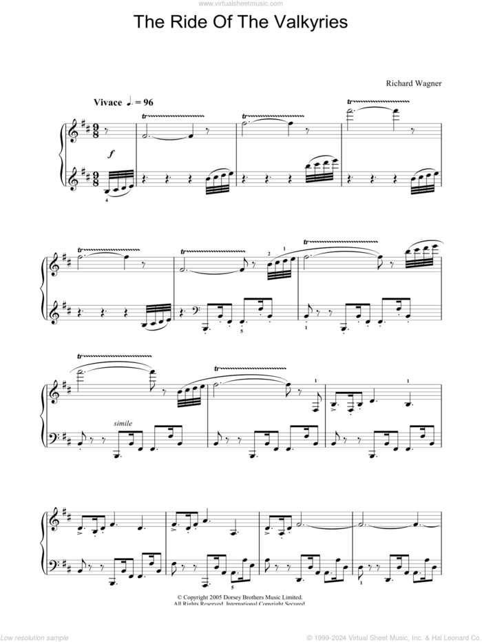 Ride Of The Valkyries sheet music for piano solo by Richard Wagner, classical score, intermediate skill level
