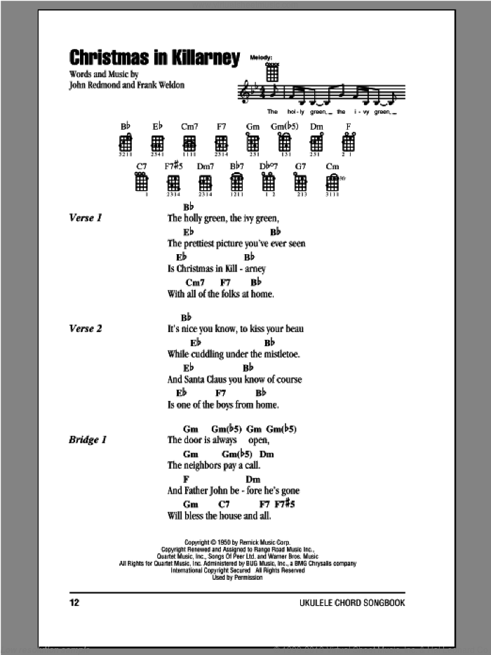 Christmas In Killarney sheet music for ukulele (chords) by Frank Weldon and John Redmond, intermediate skill level