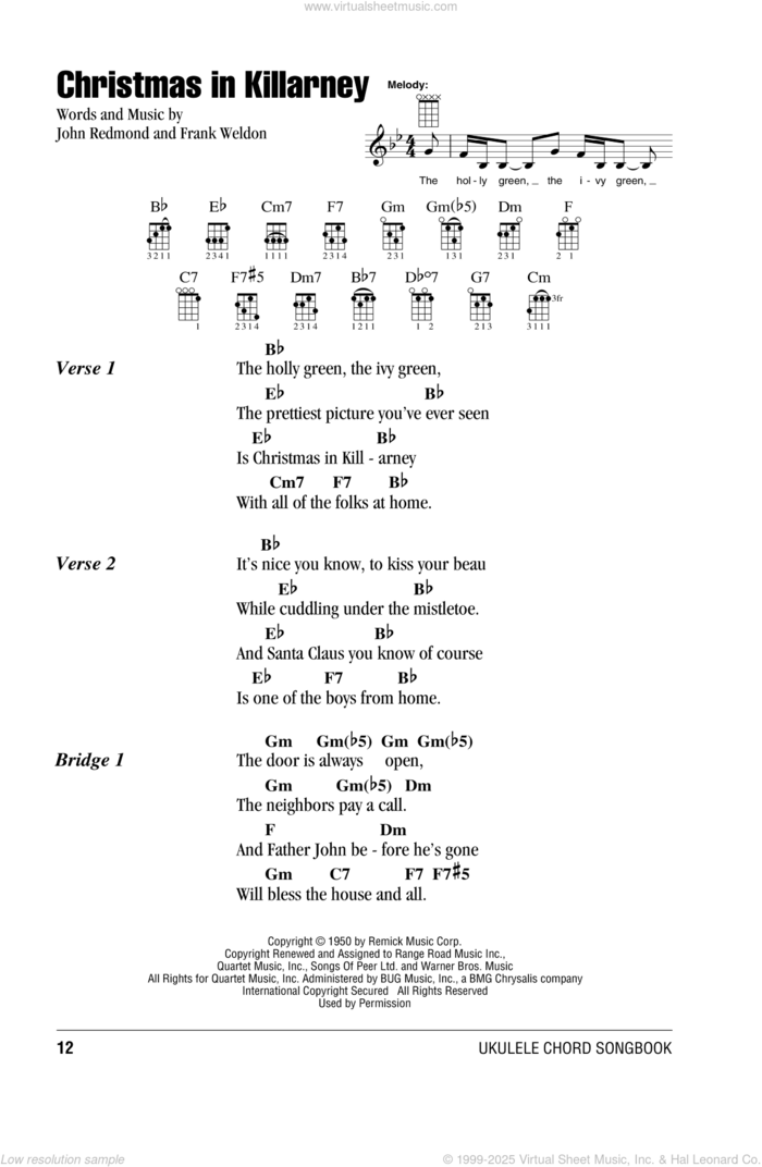 Christmas In Killarney sheet music for ukulele (chords) by Frank Weldon and John Redmond, intermediate skill level