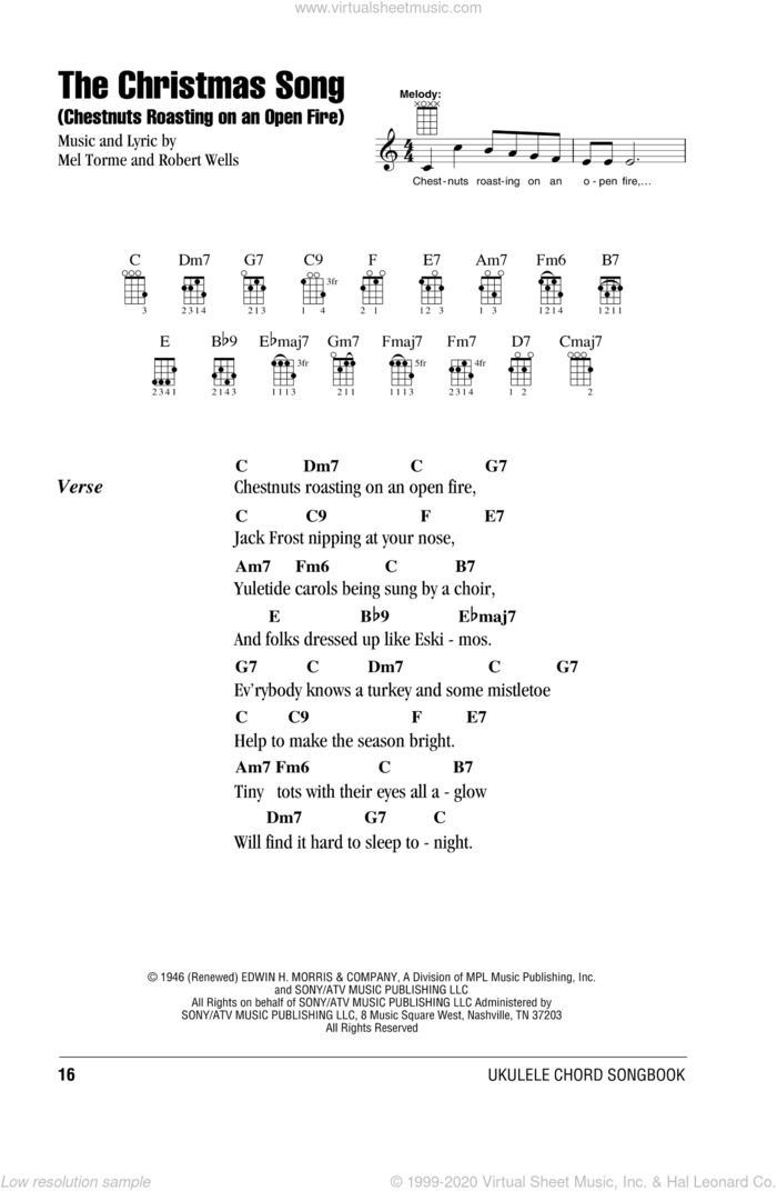 The Christmas Song (Chestnuts Roasting On An Open Fire) sheet music for ukulele (chords) by Mel Torme and Robert Wells, intermediate skill level