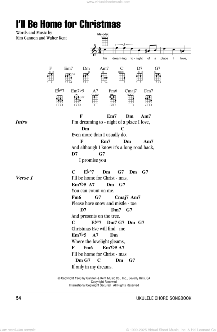 I'll Be Home For Christmas sheet music for ukulele (chords) by Bing Crosby, Kim Gannon and Walter Kent, intermediate skill level