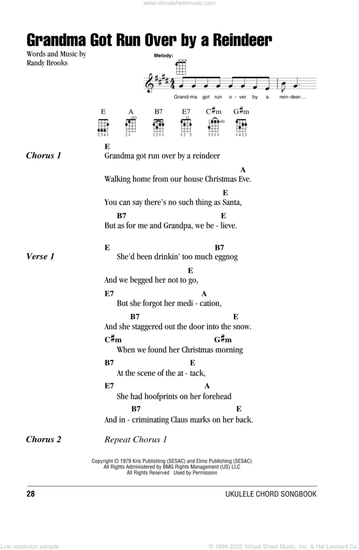 Grandma Got Run Over By A Reindeer sheet music for ukulele (chords) by Randy Brooks, intermediate skill level