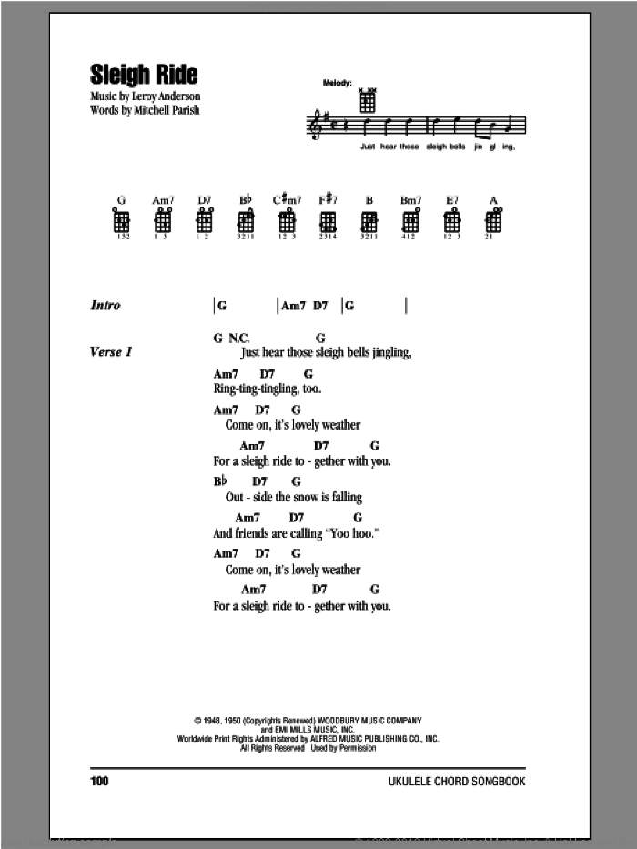 Sleigh Ride sheet music for ukulele (chords) by Leroy Anderson and Mitchell Parish, intermediate skill level