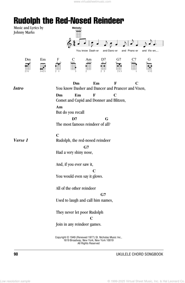 Rudolph The Red-Nosed Reindeer sheet music for ukulele (chords) by Johnny Marks, intermediate skill level