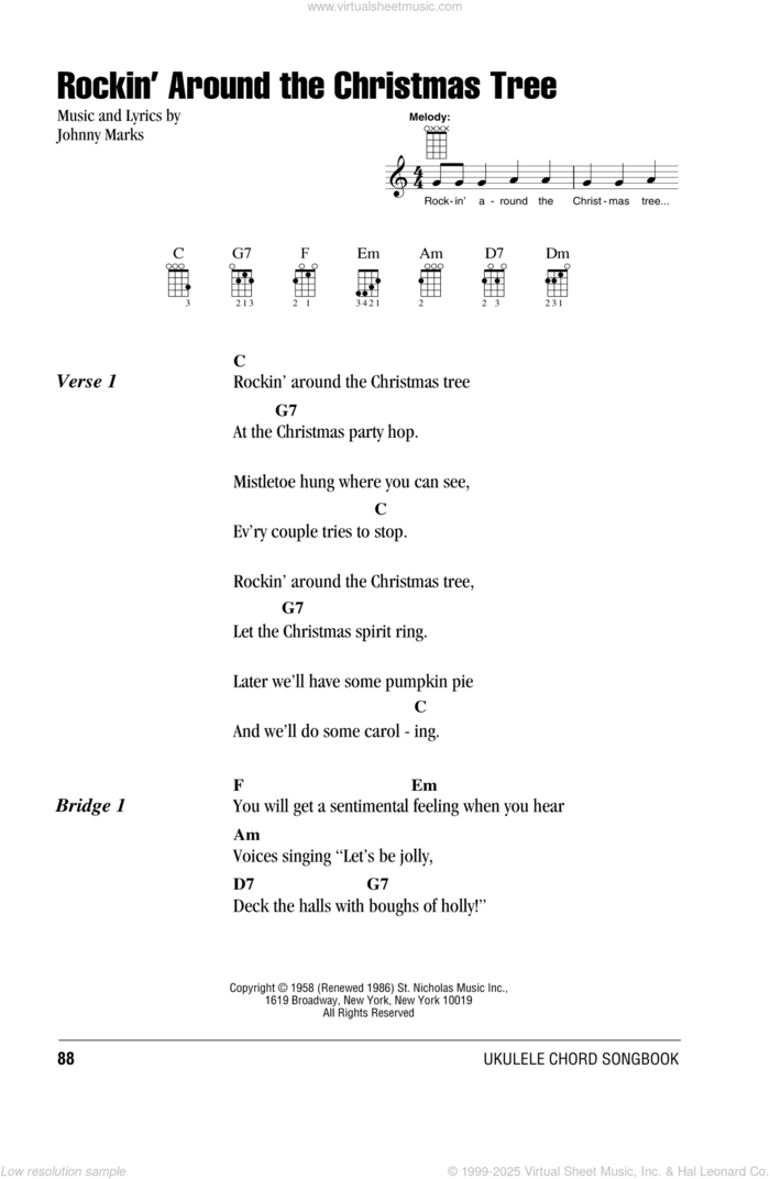 Rockin' Around The Christmas Tree sheet music for ukulele (chords) by Johnny Marks, intermediate skill level