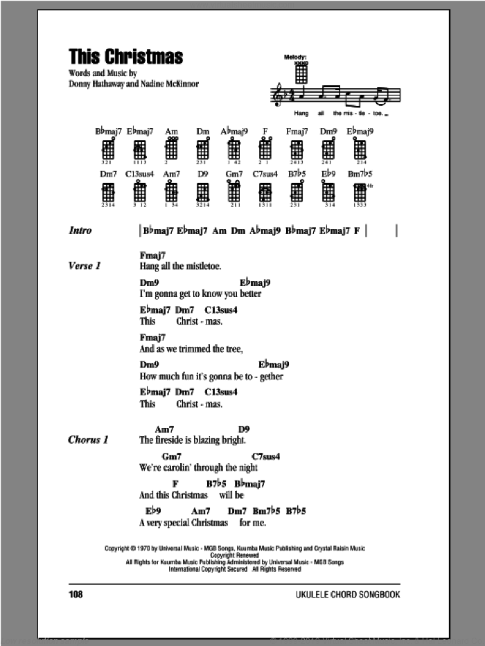 This Christmas sheet music for ukulele (chords) by Donny Hathaway and Nadine McKinnor, intermediate skill level