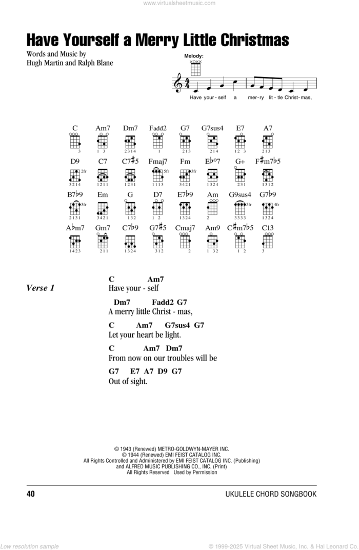 Have Yourself A Merry Little Christmas sheet music for ukulele (chords) by Hugh Martin and Ralph Blane, intermediate skill level