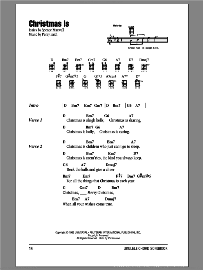 Christmas Is sheet music for ukulele (chords) by Percy Faith and Spence Maxwell, intermediate skill level