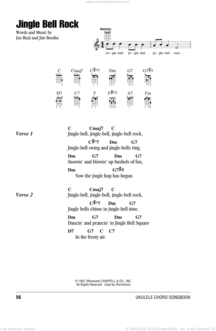 Jingle Bell Rock sheet music for ukulele (chords) by Bobby Helms, Jim Boothe and Joe Beal, intermediate skill level