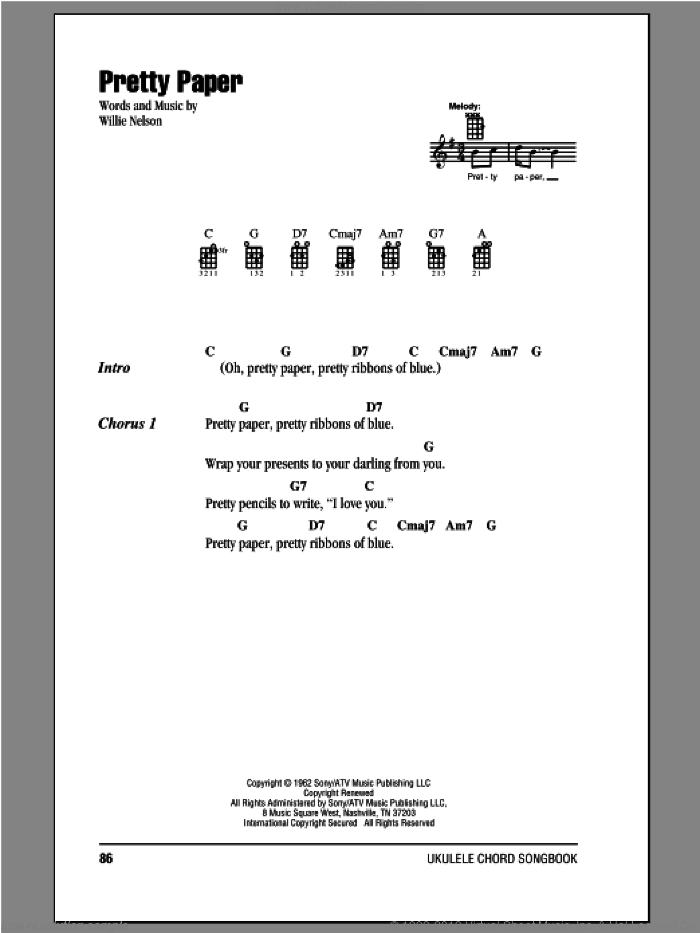 Pretty Paper sheet music for ukulele (chords) by Willie Nelson and Roy Orbison, intermediate skill level