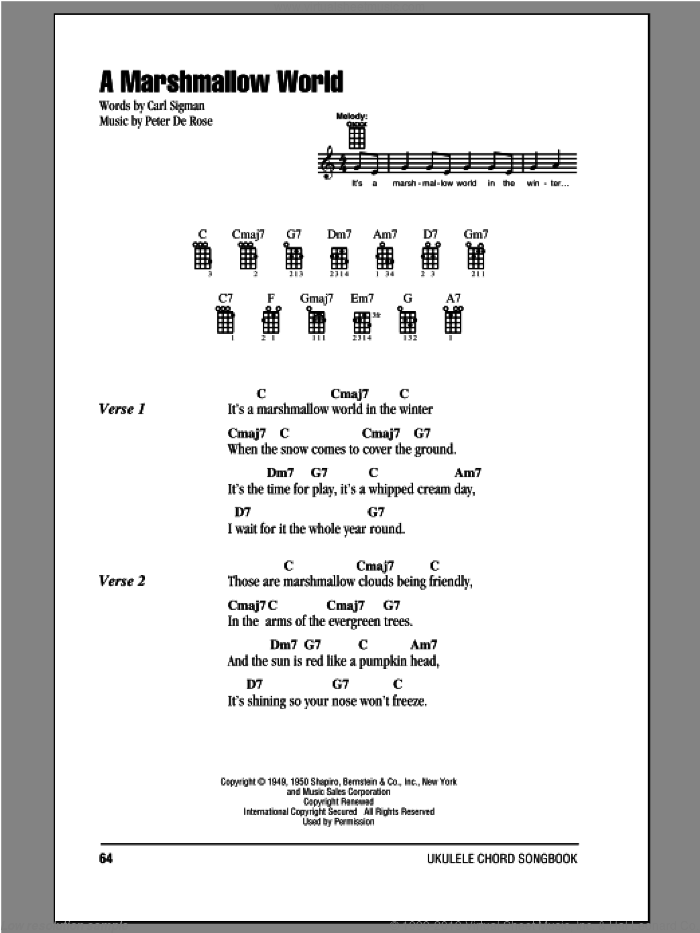 A Marshmallow World sheet music for ukulele (chords) by Carl Sigman and Peter DeRose, intermediate skill level