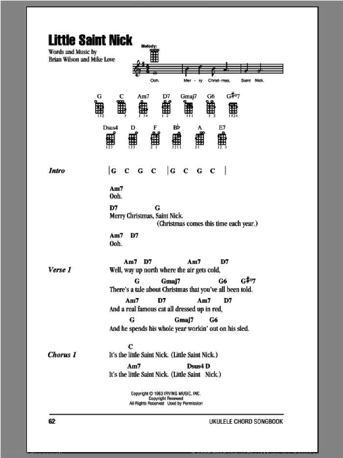 Little Saint Nick sheet music for ukulele (chords) by The Beach Boys, Brian Wilson and Mike Love, intermediate skill level