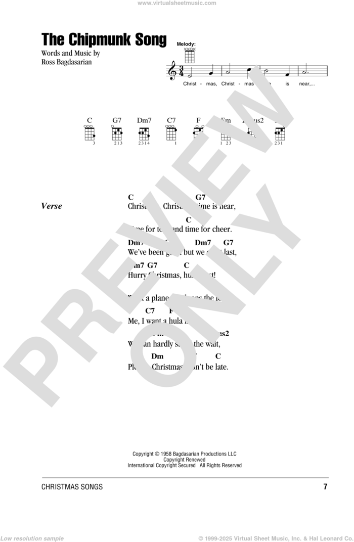 The Chipmunk Song sheet music for ukulele (chords) by The Chipmunks, Alvin And The Chipmunks and Ross Bagdasarian, intermediate skill level