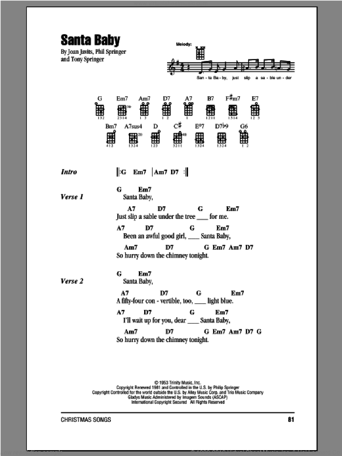 Santa Baby sheet music for ukulele (chords) by Phil Springer, Eartha Kitt, Joan Javits and Tony Springer, intermediate skill level
