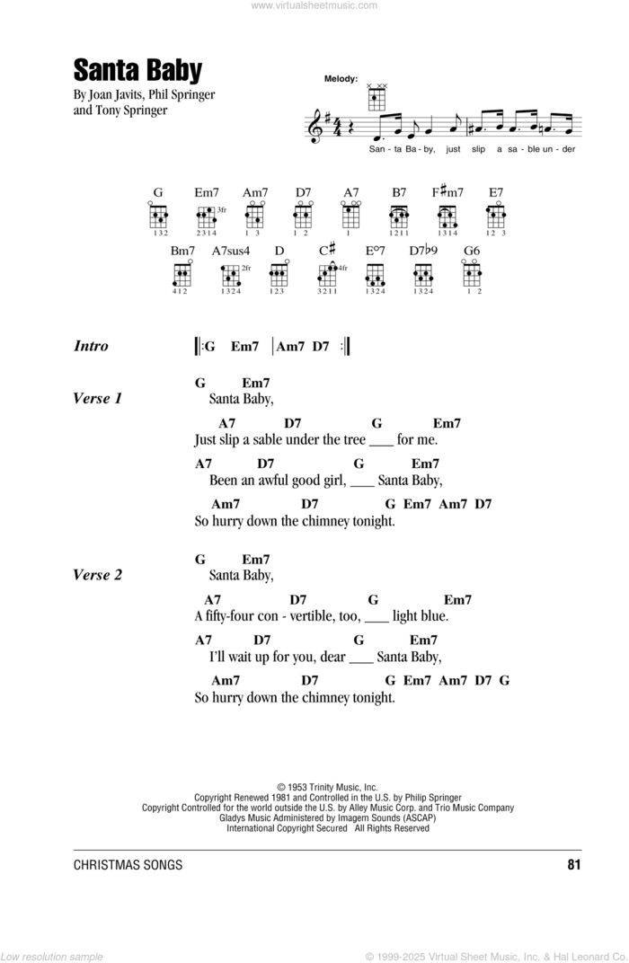Santa Baby sheet music for ukulele (chords) by Phil Springer, Eartha Kitt, Joan Javits and Tony Springer, intermediate skill level