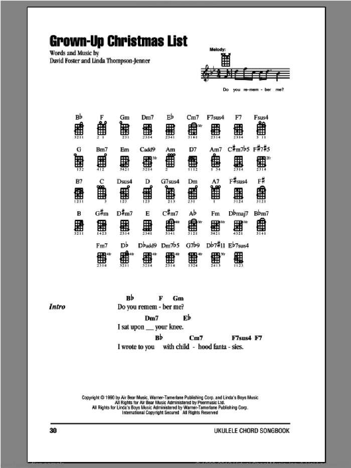 Grown-Up Christmas List sheet music for ukulele (chords) by Amy Grant, David Foster and Linda Thompson-Jenner, intermediate skill level