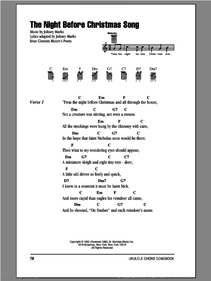 The Night Before Christmas Song sheet music for ukulele (chords) by Johnny Marks, intermediate skill level