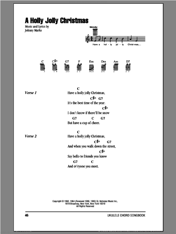 A Holly Jolly Christmas sheet music for ukulele (chords) by Johnny Marks, intermediate skill level