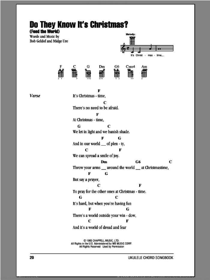 Do They Know It's Christmas? (Feed The World) sheet music for ukulele (chords) by Bob Geldof, Band Aid and Midge Ure, intermediate skill level