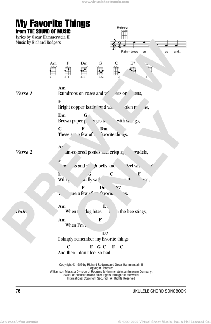 My Favorite Things sheet music for ukulele (chords) by Richard Rodgers and Oscar II Hammerstein, intermediate skill level