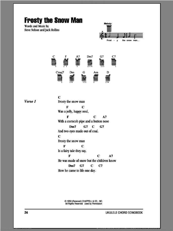 Frosty The Snow Man sheet music for ukulele (chords) by Steve Nelson and Jack Rollins, intermediate skill level