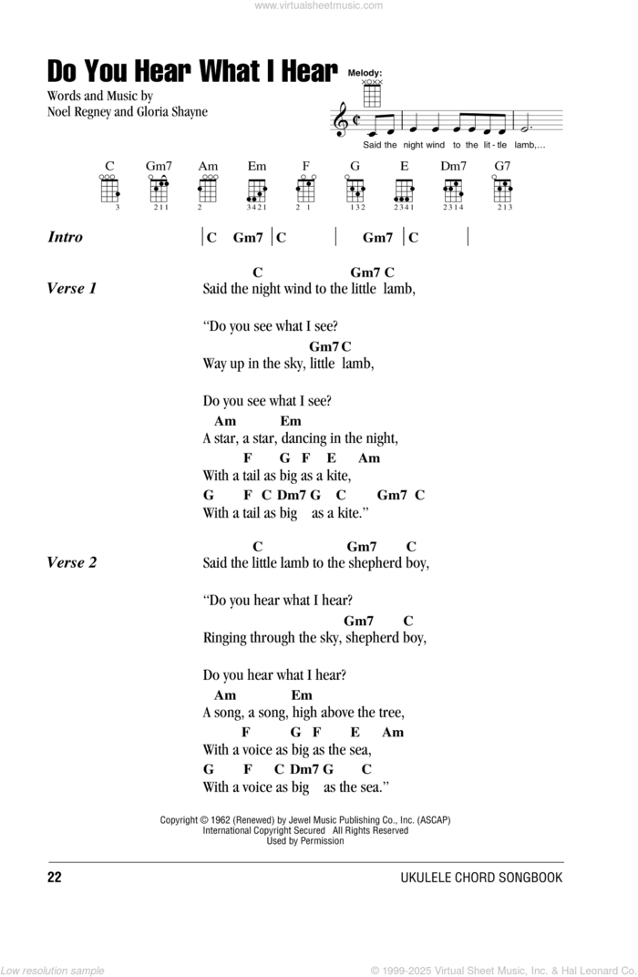 Do You Hear What I Hear sheet music for ukulele (chords) by Noel Regney and Gloria Shayne, intermediate skill level