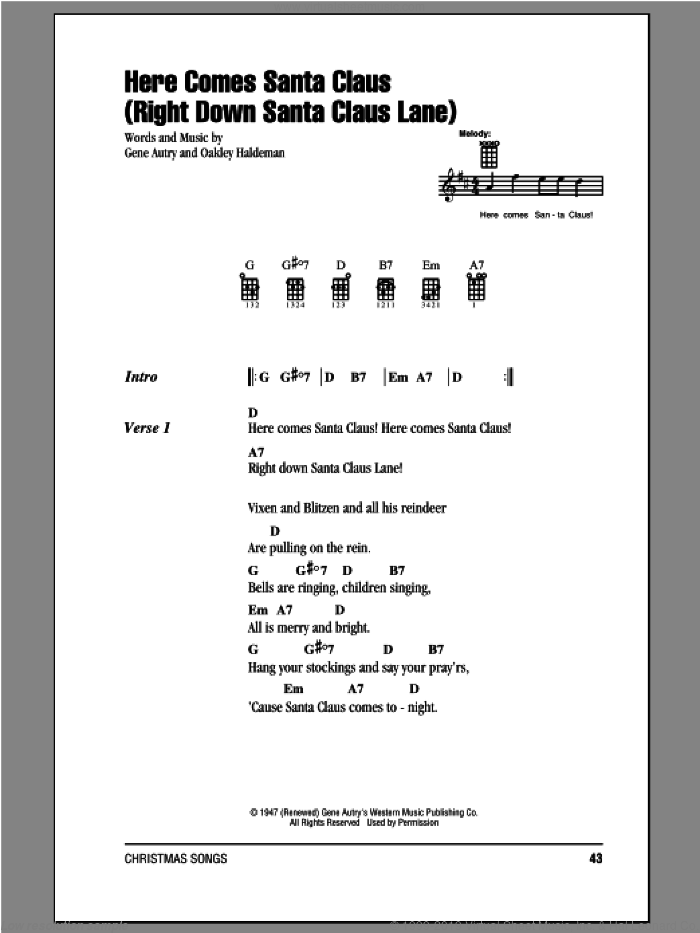 Here Comes Santa Claus (Right Down Santa Claus Lane) sheet music for ukulele (chords) by Gene Autry, Carpenters and Oakley Haldeman, intermediate skill level