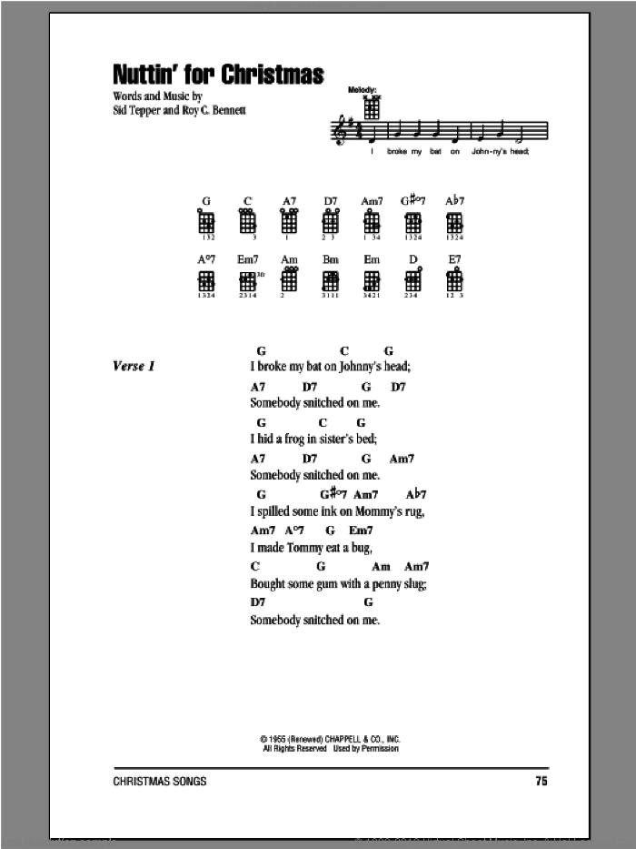Nuttin' For Christmas sheet music for ukulele (chords) by Sid Tepper and Roy Bennett, intermediate skill level