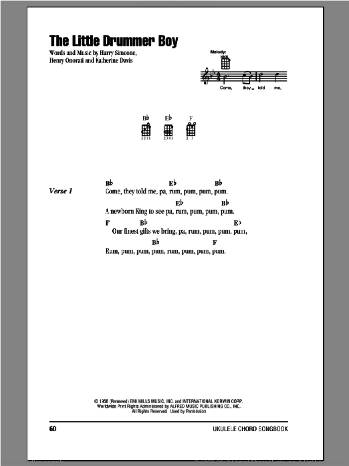 The Little Drummer Boy sheet music for ukulele (chords) by Katherine Davis, intermediate skill level