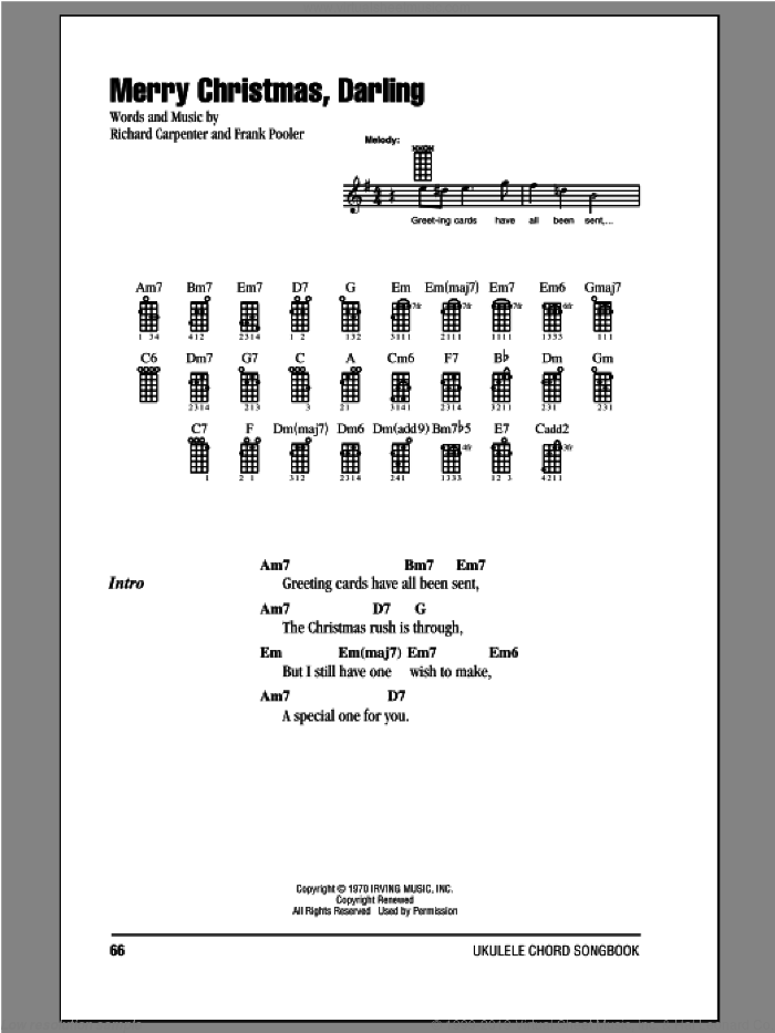 Merry Christmas, Darling sheet music for ukulele (chords) by Carpenters, Frank Pooler and Richard Carpenter, intermediate skill level