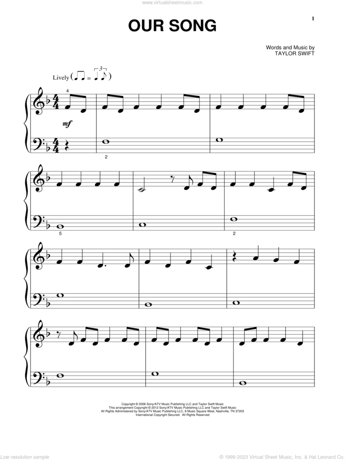 Our Song sheet music for piano solo (big note book) by Taylor Swift, easy piano (big note book)