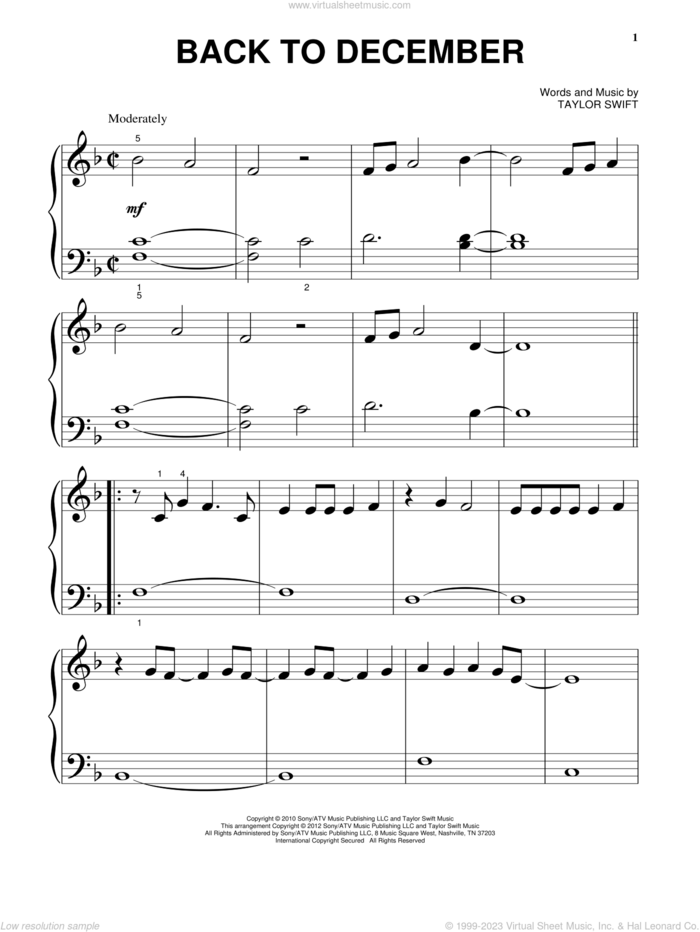 Back To December sheet music for piano solo (big note book) by Taylor Swift, easy piano (big note book)