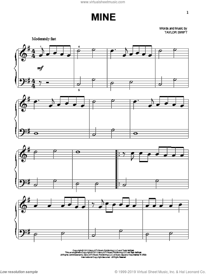 Mine sheet music for piano solo (big note book) by Taylor Swift, easy piano (big note book)
