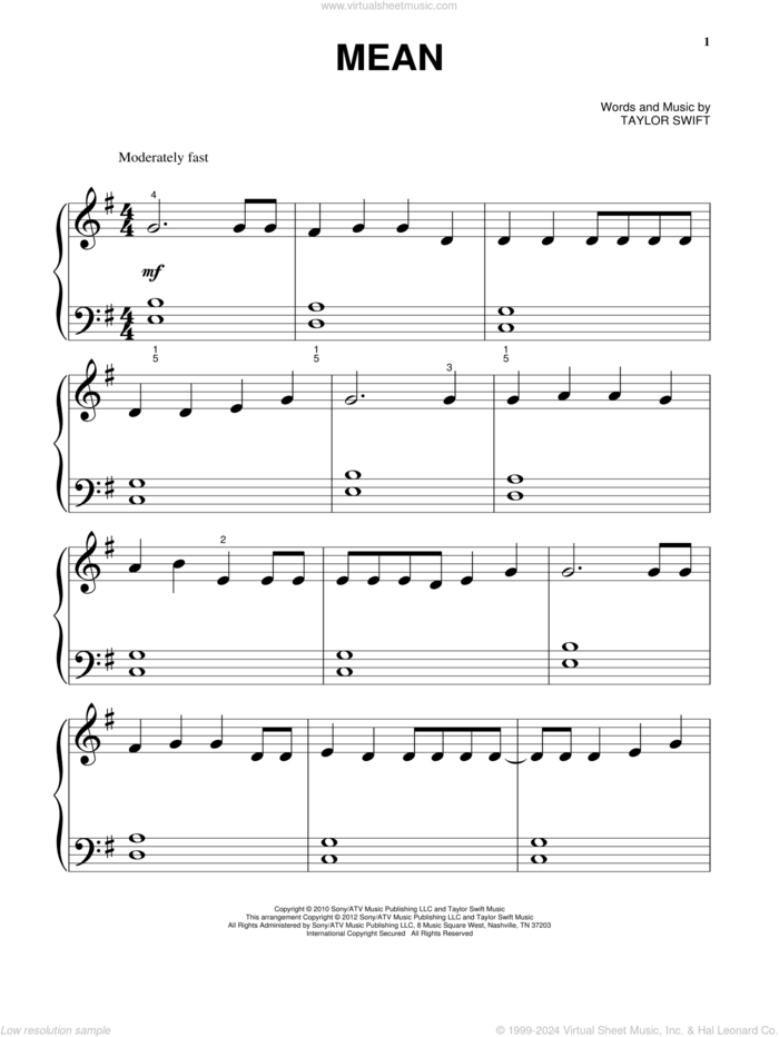 Mean, (beginner) sheet music for piano solo by Taylor Swift, beginner skill level