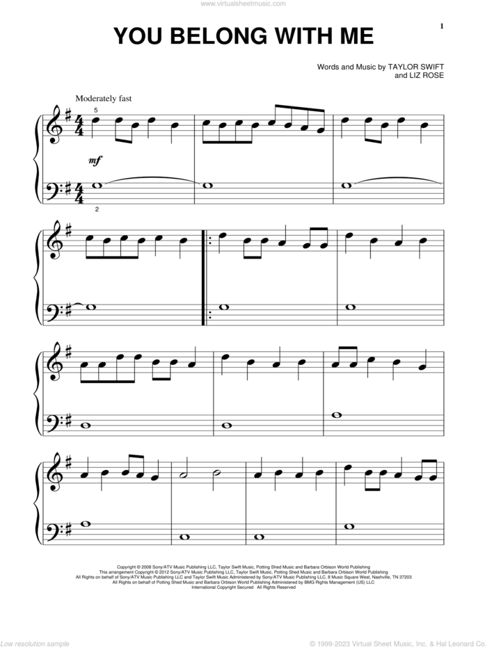 You Belong With Me sheet music for piano solo (big note book) by Taylor Swift, easy piano (big note book)