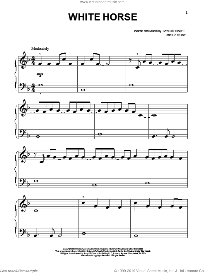 White Horse sheet music for piano solo (big note book) by Taylor Swift, easy piano (big note book)