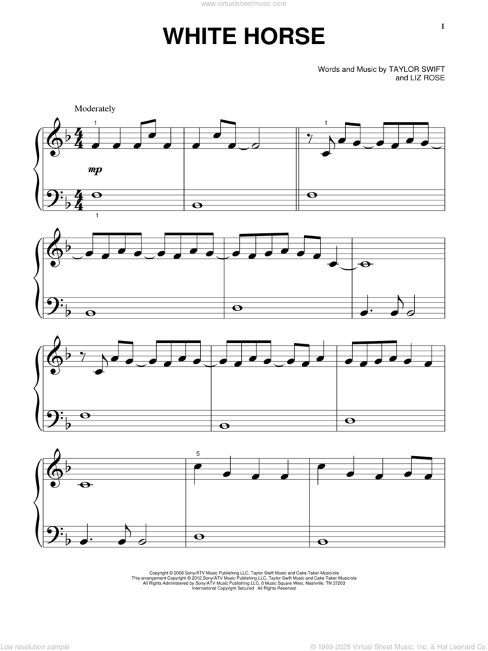 White Horse, (beginner) sheet music for piano solo by Taylor Swift, beginner skill level