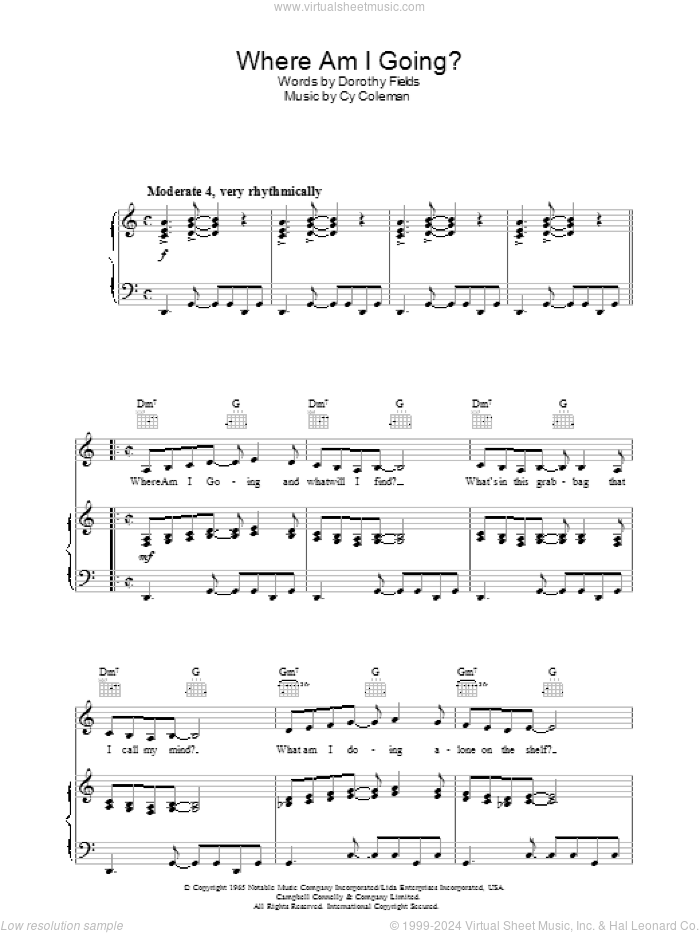 Where Am I Going? sheet music for voice, piano or guitar by Cy Coleman and Dorothy Fields, intermediate skill level
