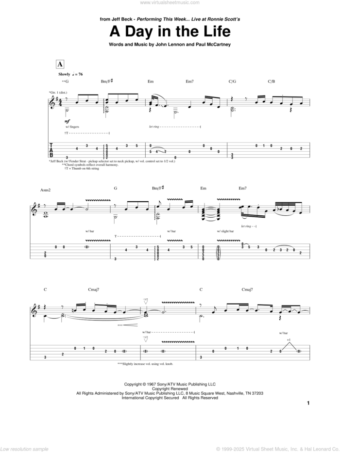 A Day In The Life sheet music for guitar (tablature) by Jeff Beck, John Lennon, Paul McCartney and The Beatles, intermediate skill level