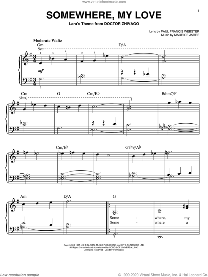 Somewhere, My Love, (easy) sheet music for piano solo by Maurice Jarre and Paul Francis Webster, easy skill level