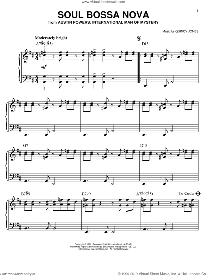 Soul Bossa Nova sheet music for piano solo by Quincy Jones, easy skill level