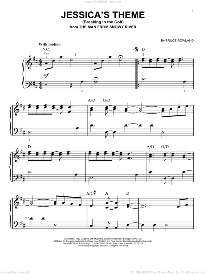Jessica's Theme (Breaking In The Colt) (from The Man From Snowy River) sheet music for piano solo by Bruce Rowland, easy skill level