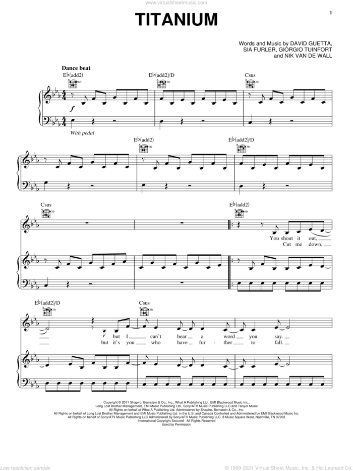 Titanium (feat. Sia) sheet music for voice, piano or guitar by David Guetta, Sia, Giorgio Tuinfort, Nick Van De Wall and Sia Furler, intermediate skill level
