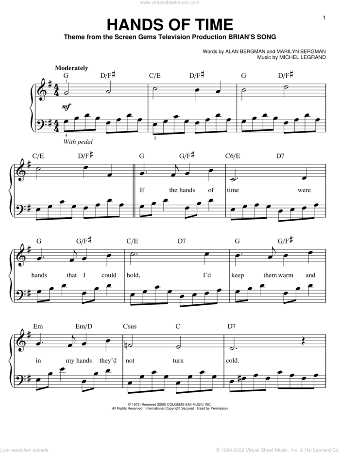 Hands Of Time sheet music for piano solo by Marilyn Bergman, Alan Bergman and Michel LeGrand, easy skill level