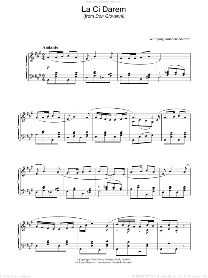 La Ci Darem La Mano (from Don Giovanni) sheet music for piano solo by Wolfgang Amadeus Mozart, classical score, intermediate skill level